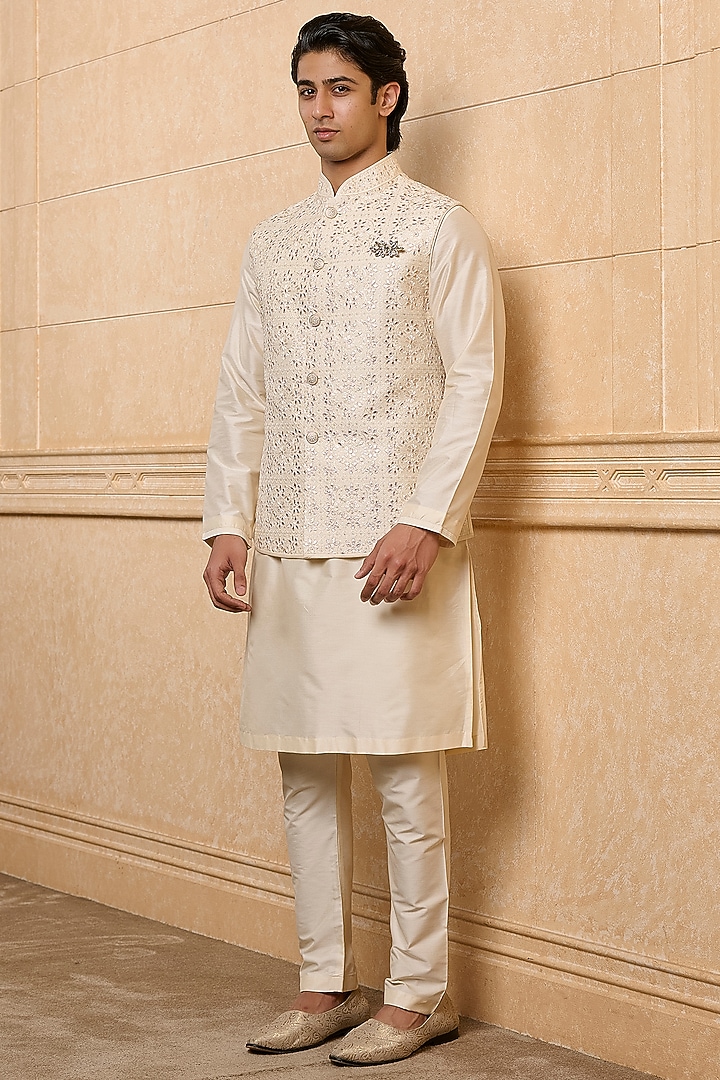 Ivory Viscose Embroidered Bundi Jacket Set by TASVA at Pernia's Pop Up Shop