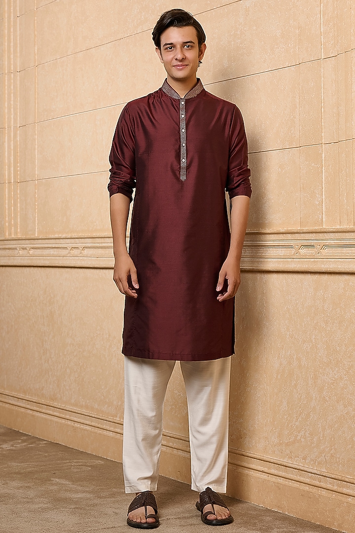 Maroon Silk Kurta Set by TASVA at Pernia's Pop Up Shop
