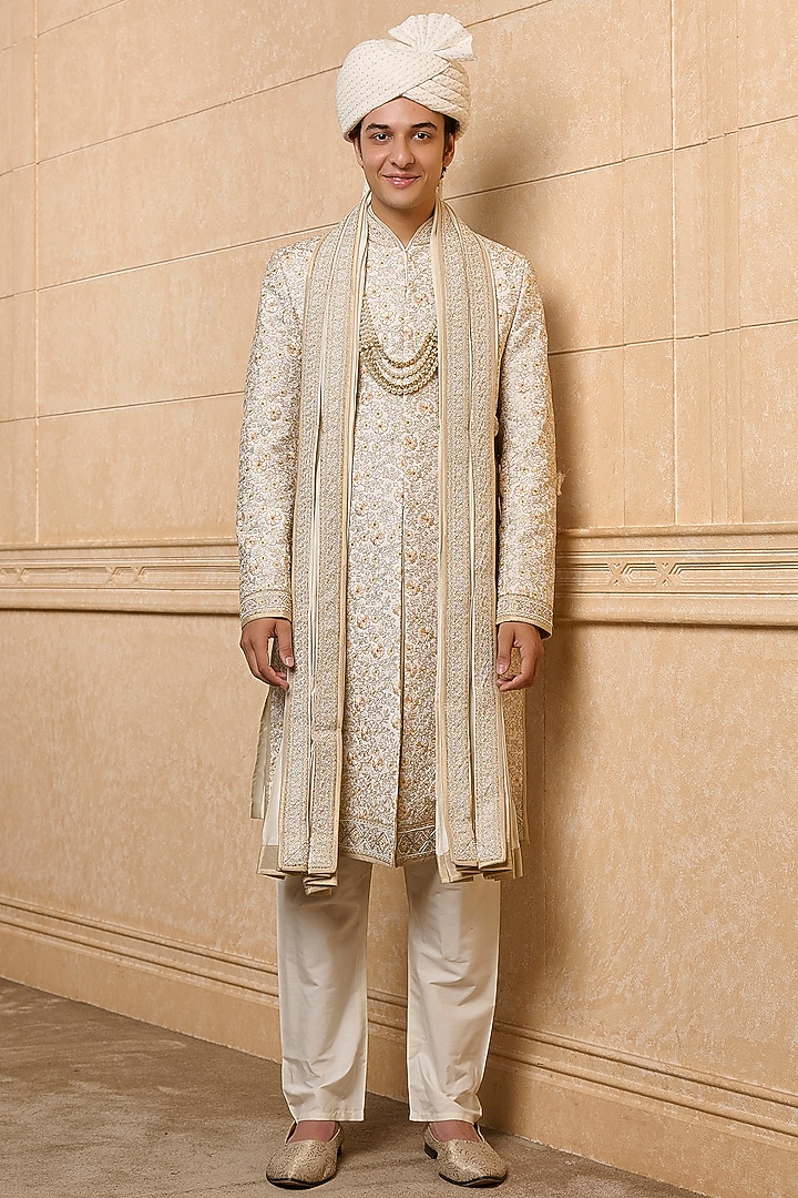 Multi-Colored Polyester Viscose Blend Embroidered Wedding Sherwani Set by TASVA at Pernia's Pop Up Shop