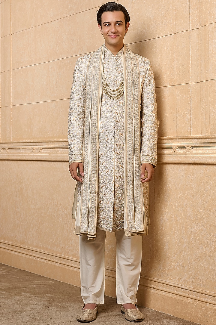 Multi-Colored Polyester Viscose Blend Embroidered Wedding Sherwani Set by TASVA at Pernia's Pop Up Shop