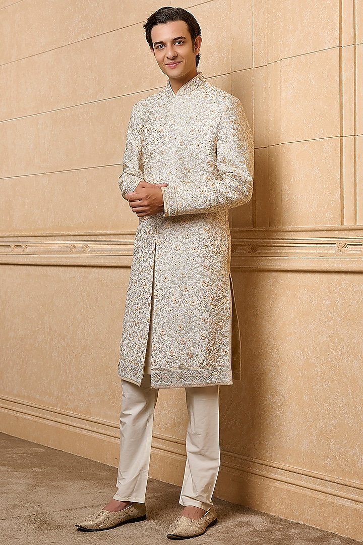 Multi-Colored Polyester Viscose Blend Embroidered Wedding Sherwani Set by TASVA at Pernia's Pop Up Shop