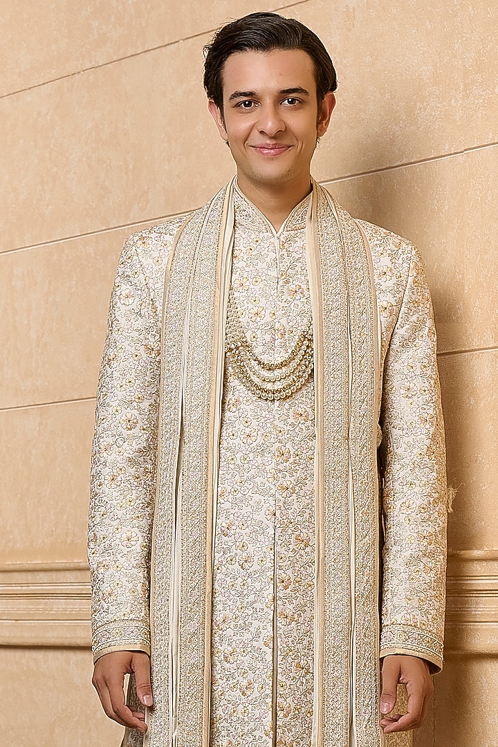 Multi-Colored Polyester Viscose Blend Embroidered Wedding Sherwani Set by TASVA at Pernia's Pop Up Shop