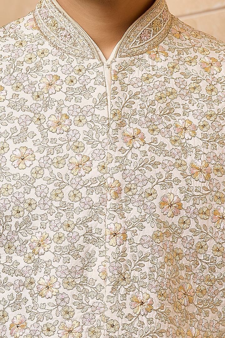 Multi-Colored Polyester Viscose Blend Embroidered Wedding Sherwani Set by TASVA at Pernia's Pop Up Shop