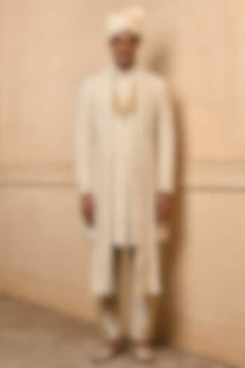 Gold Polyester Viscose Blend Embroidered Wedding Sherwani Set by TASVA at Pernia's Pop Up Shop