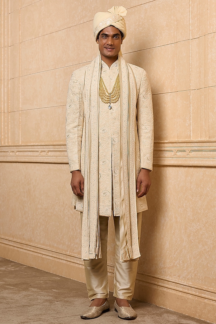 Gold Polyester Viscose Blend Embroidered Wedding Sherwani Set by TASVA at Pernia's Pop Up Shop