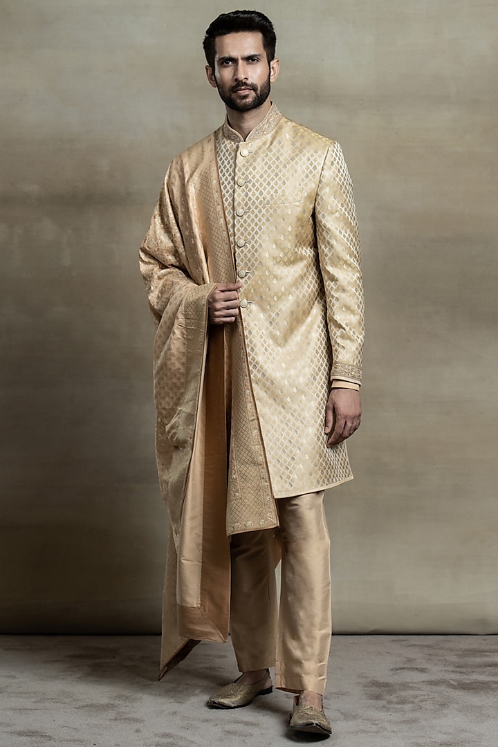 Gold Brocade Achkan Jacket Set by TASVA at Pernia's Pop Up Shop