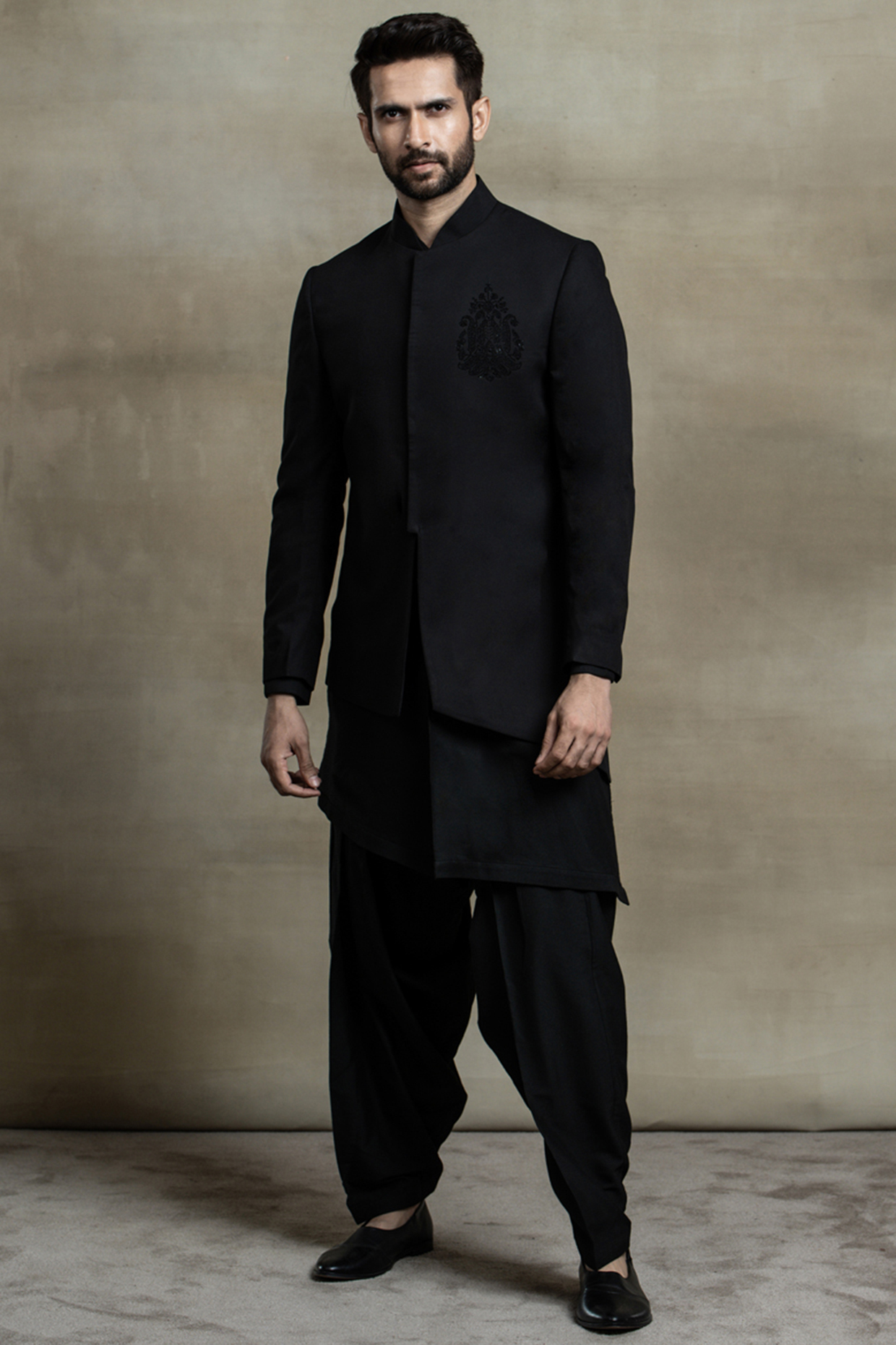Black Rayon Polyester Blend Asymmetrical Indowestern Set  by TASVA at Pernia's Pop Up Shop