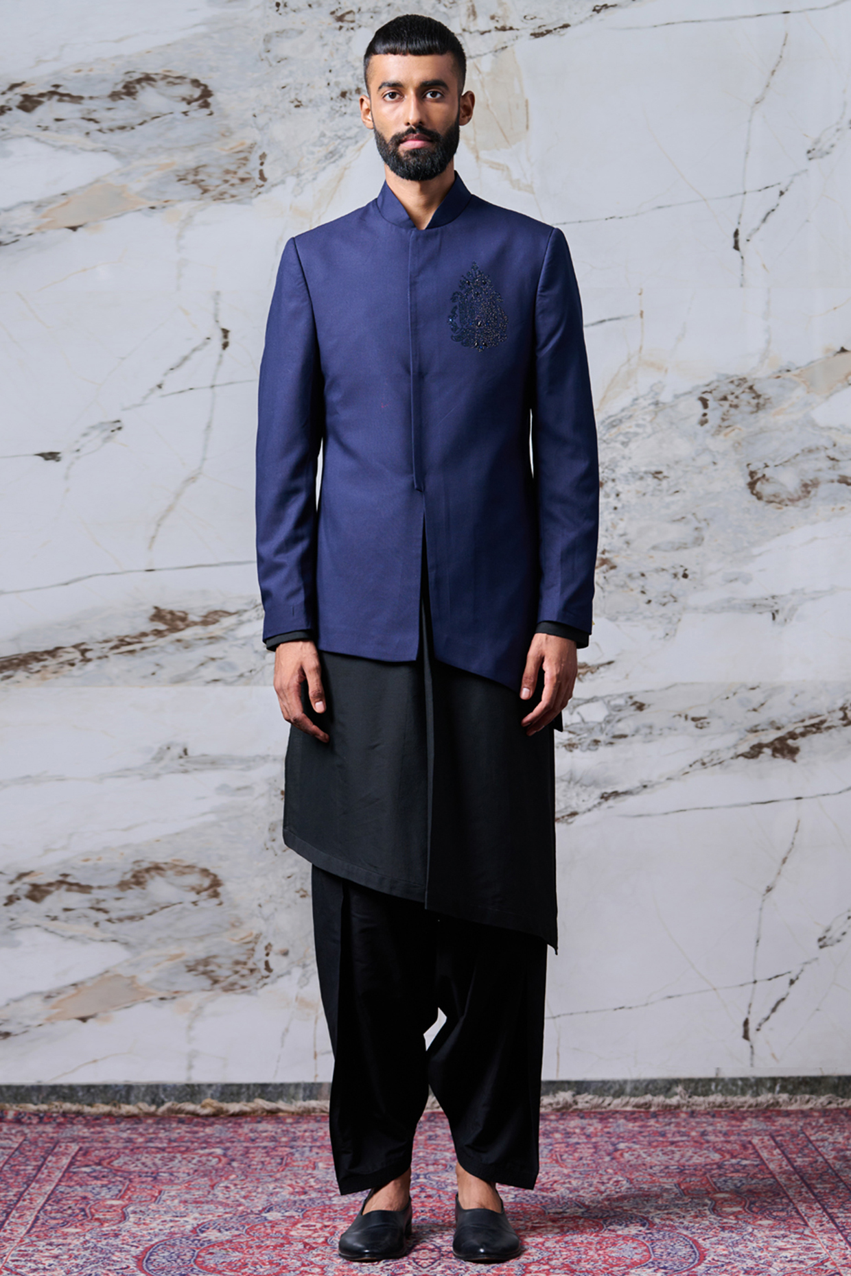 Navy Blue Rayon Polyester Blend Asymmetrical Indowestern Set  by TASVA at Pernia's Pop Up Shop