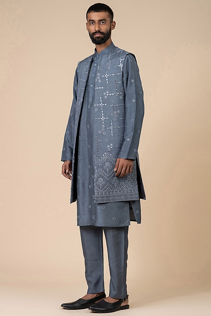 Grey Viscose Embroidered Indowestern Set by TASVA