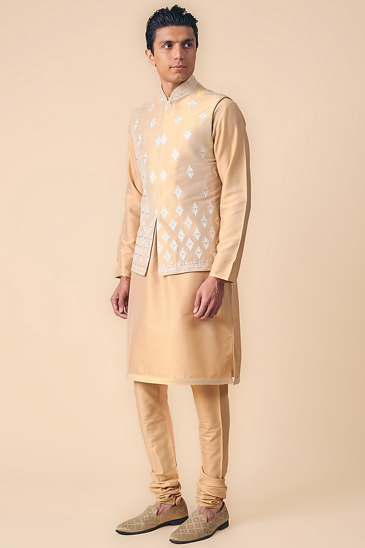 Gold Rayon Polyester Blend Embroidered Bundi Set by TASVA
