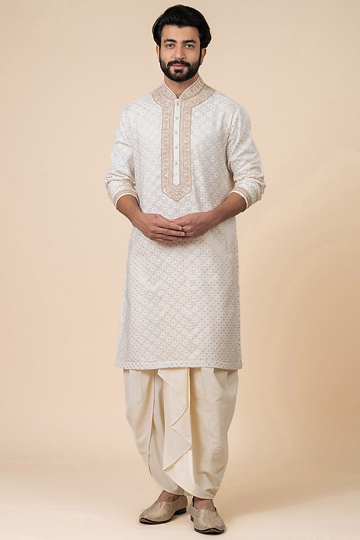 Ivory Viscose Nylon Embroidered Kurta Set by TASVA