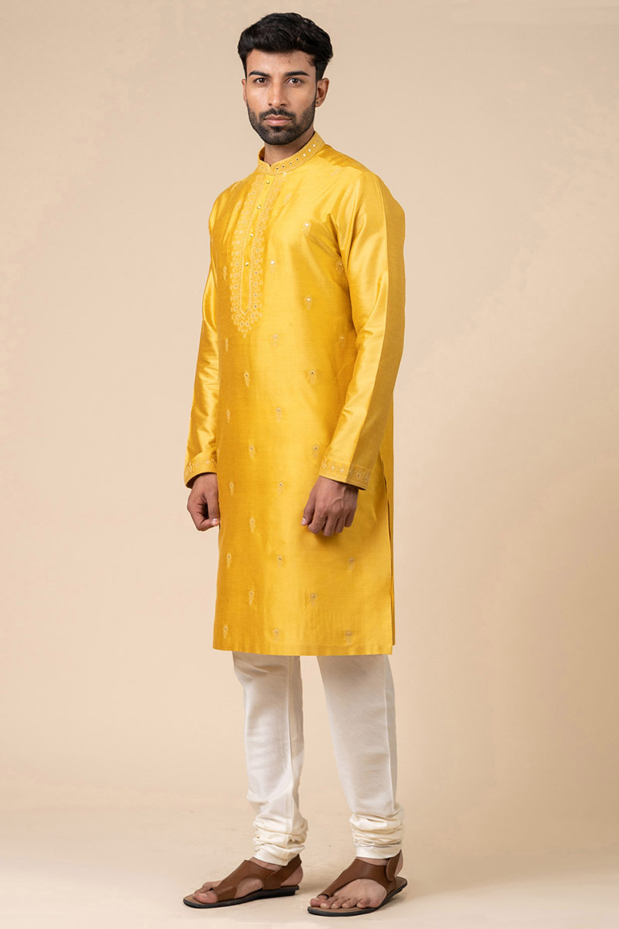 Yellow Ochre Viscose Polyester Embroidered Kurta Set by TASVA at Pernia's Pop Up Shop