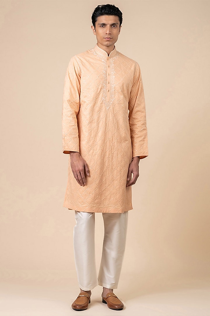 Peach Cotton Embroidered Kurta Set by TASVA at Pernia's Pop Up Shop