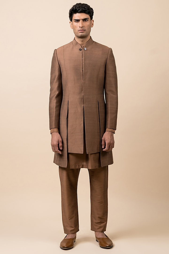Brown Viscose Polyester Blend Achkan Jacket Set by TASVA