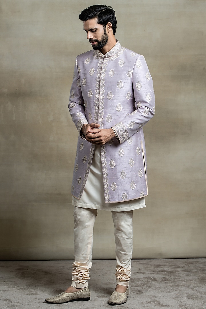 Lilac Silk Embroidered Achkan Jacket Set by TASVA