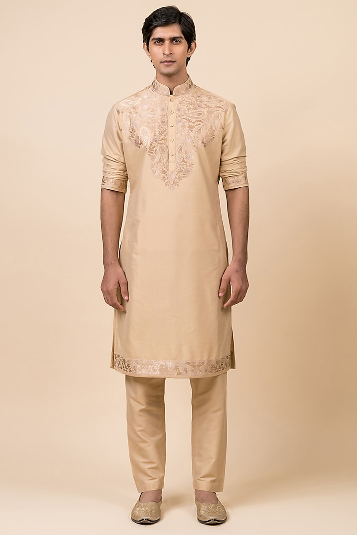 Beige Viscose Polyester Embroidered Kurta Set by TASVA at Pernia's Pop Up Shop