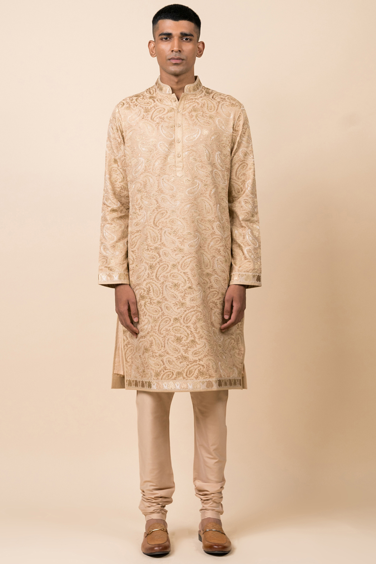 Beige Viscose Polyester Blend Embroidered Kurta Set by TASVA at Pernia's Pop Up Shop