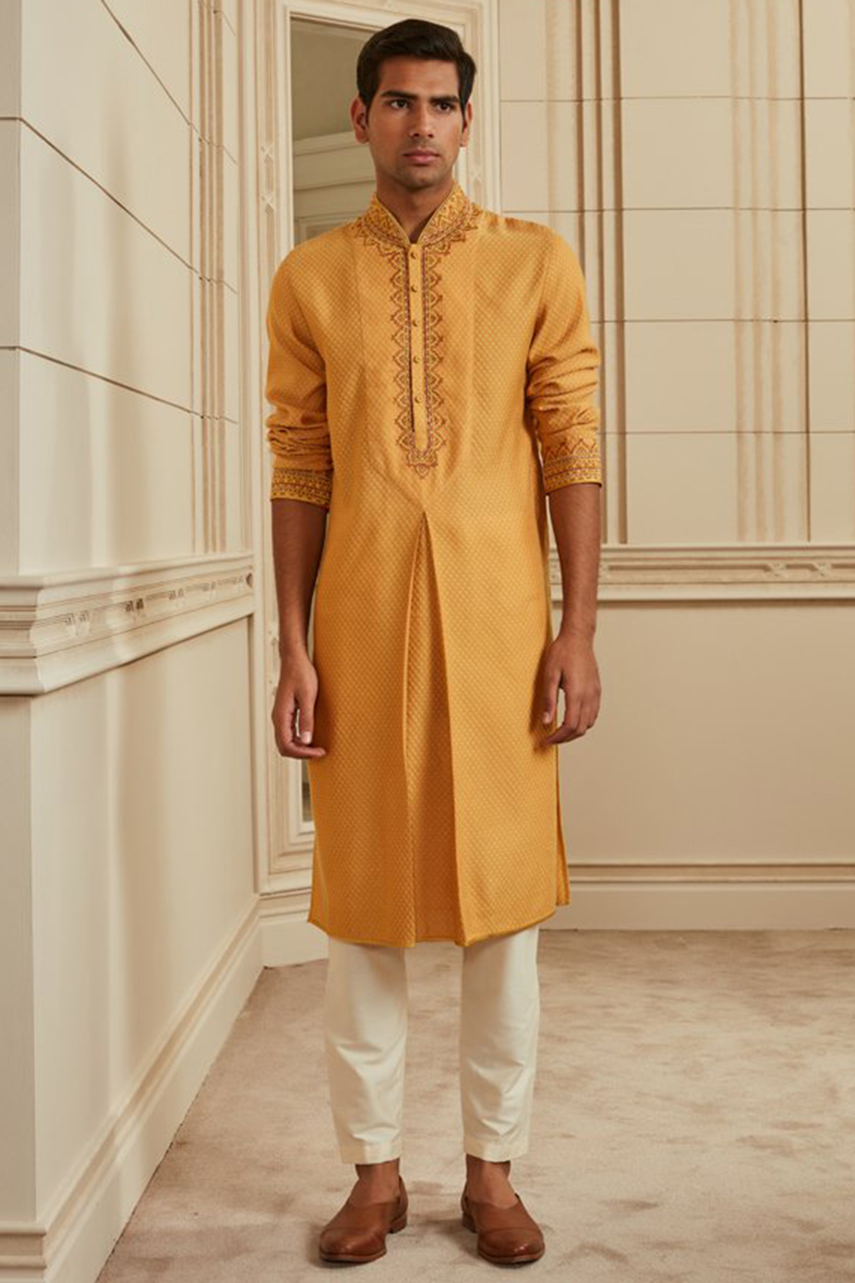 Orange Jacquard Embroidered Kurta Set by TASVA