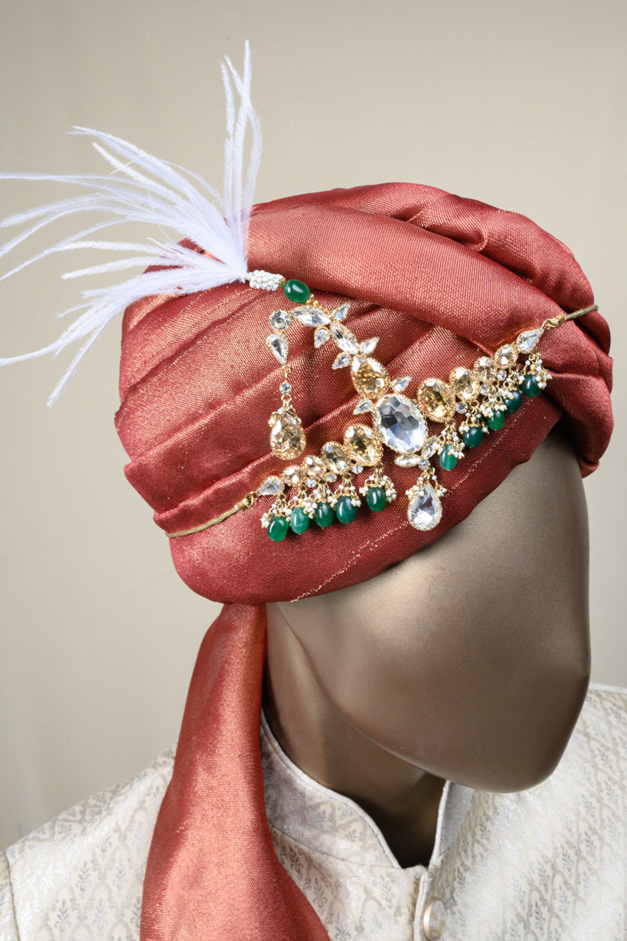 Gold  Finish Dark Green Stone & Crystal Sarpech by TASVA at Pernia's Pop Up Shop