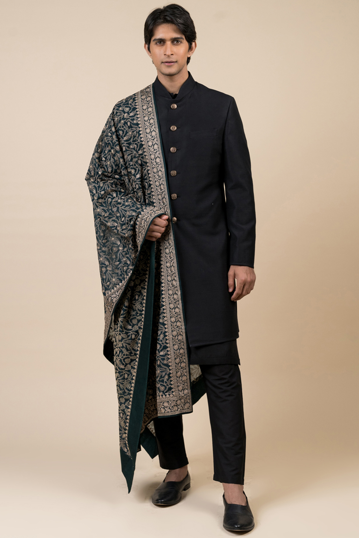 Dark Green Pashmina Embroidered Shawl by TASVA
