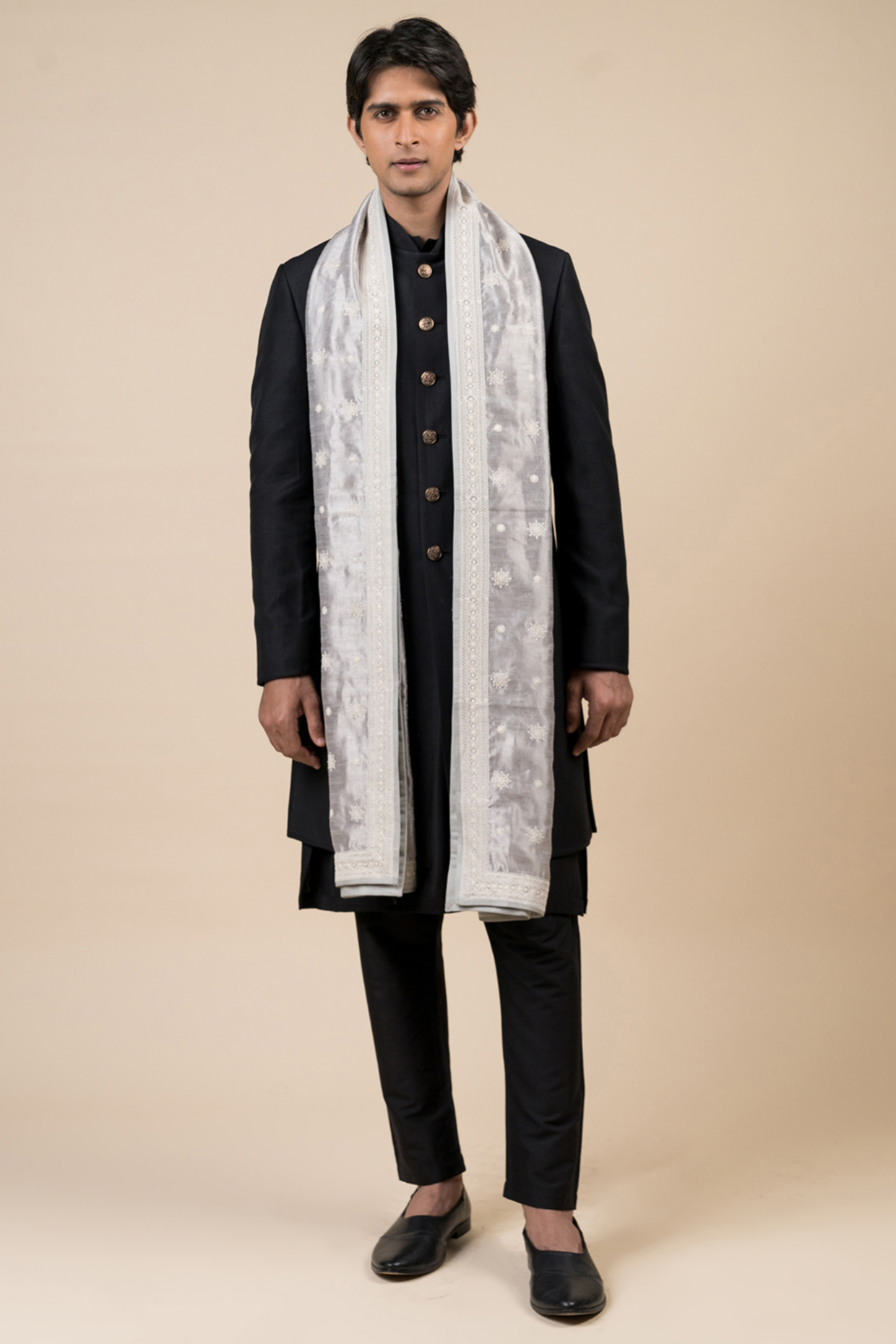 Light Grey Pashmina Embroidered Shawl by TASVA