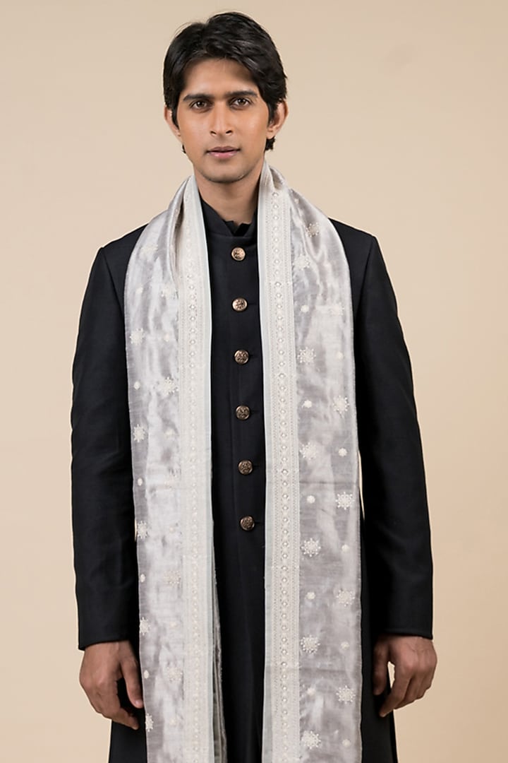 Light Grey Pashmina Embroidered Shawl by TASVA at Pernia's Pop Up Shop