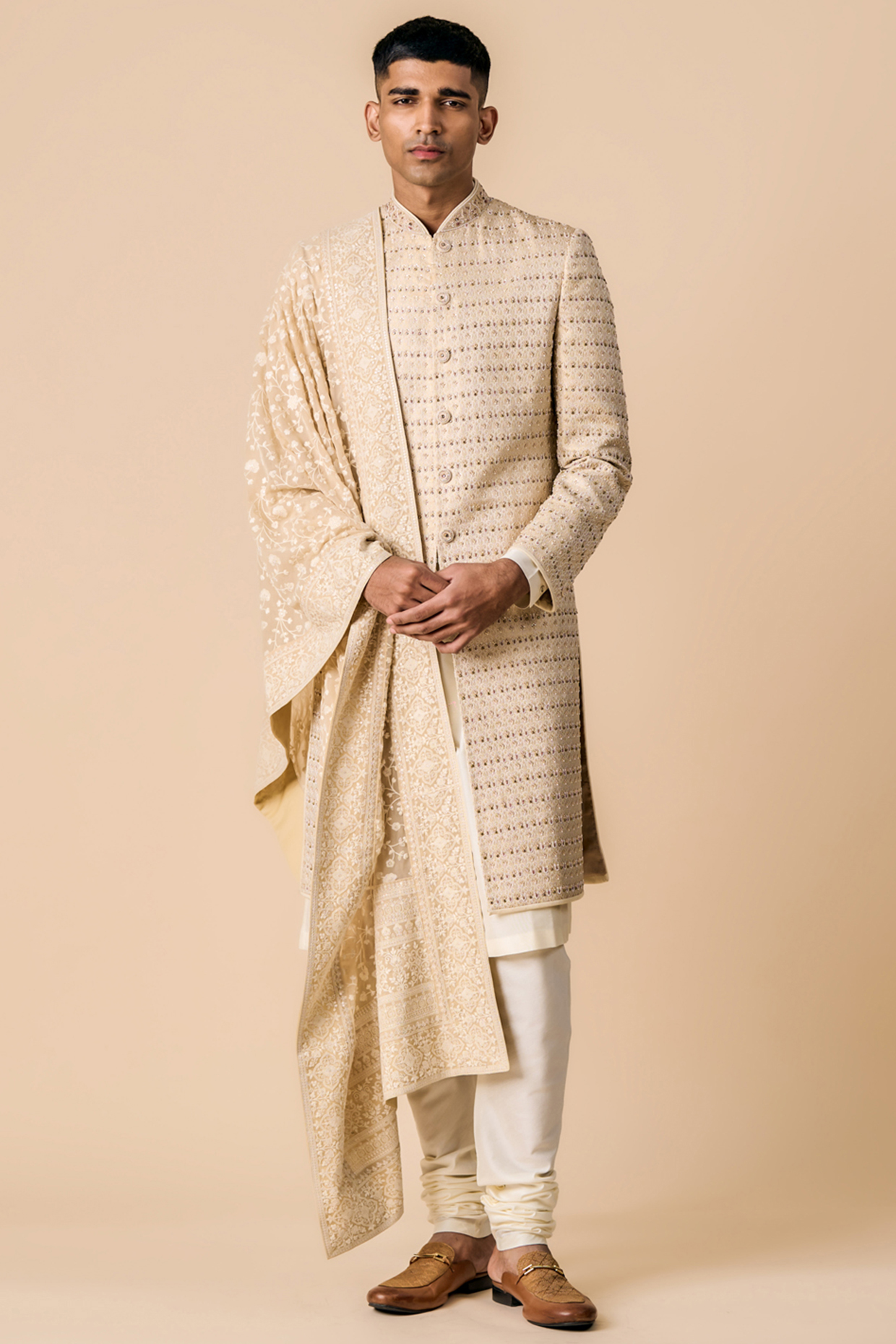 Gold Pashmina Embroidered Shawl by TASVA