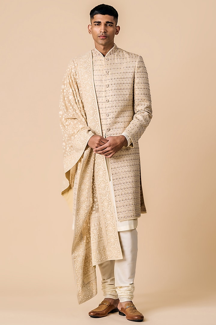 Gold Pashmina Embroidered Shawl by TASVA
