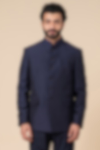 Navy Viscose Polyester Blend Bandhgala Jacket by TASVA at Pernia's Pop Up Shop