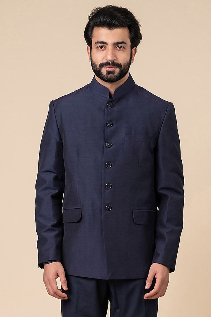 Navy Viscose Polyester Blend Bandhgala Jacket by TASVA at Pernia's Pop Up Shop