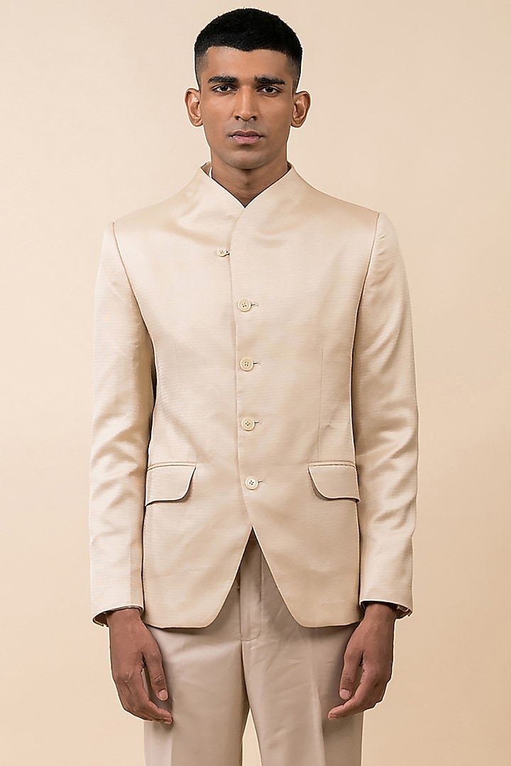 Beige Cotton Blend Textured Bandhgala Jacket by TASVA