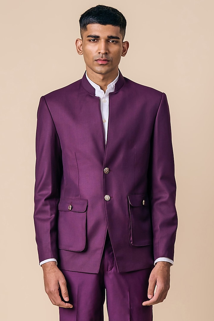 Wine Viscose Polyester Blend Bandhgala Jacket by TASVA