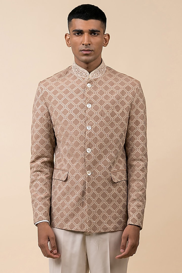 Rust Viscose Polyester Blend Bandhgala Jacket by TASVA