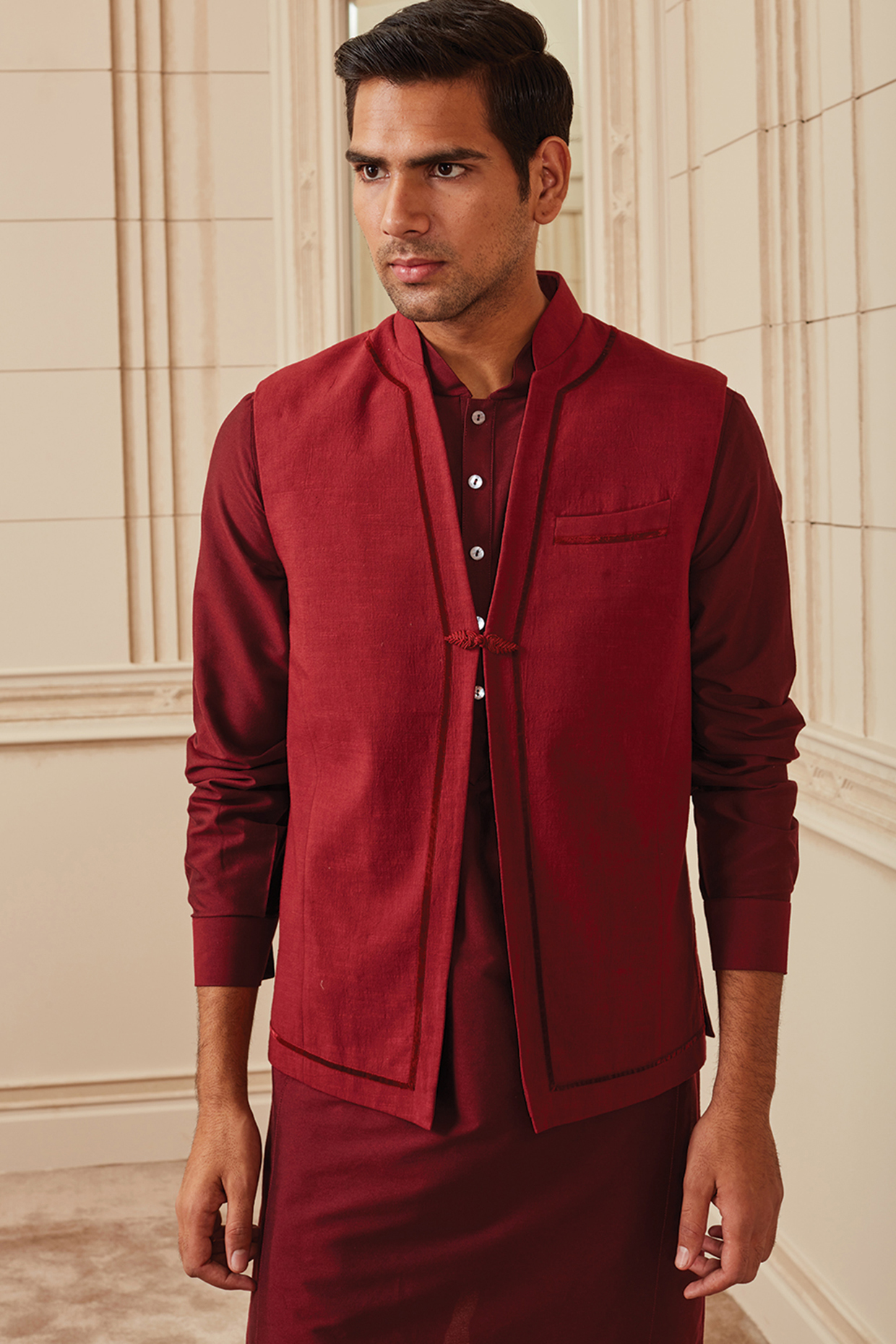 Maroon Cotton Indowestern Jacket by TASVA at Pernia's Pop Up Shop