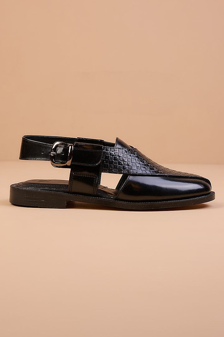 Black Premium Leather Textured Loafers by TASVA