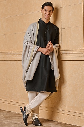 Light Grey Fine Wool Zari Border Shawl by TASVA