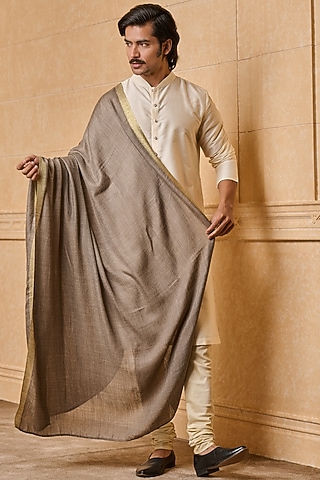 Medium Grey Fine Wool Zari Border Shawl by TASVA