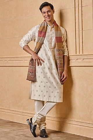 Brown Wool Multi-Colored Stripe & Sequins Embroidered Shawl by TASVA