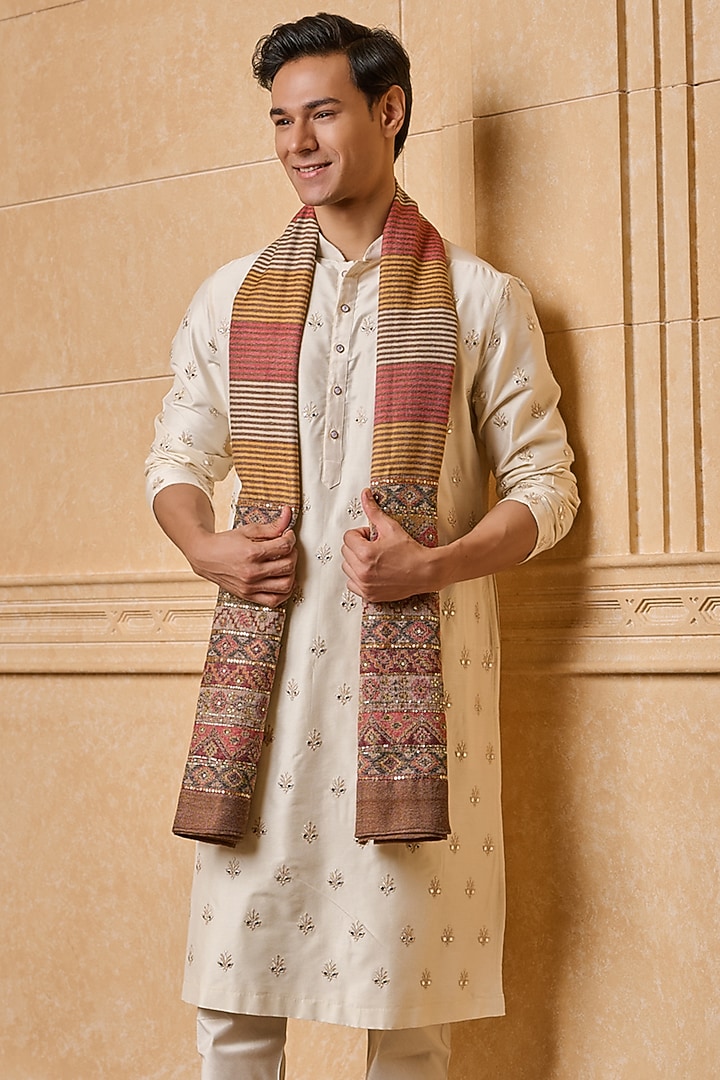 Brown Wool Multi-Colored Stripe & Sequins Embroidered Shawl by TASVA at Pernia's Pop Up Shop