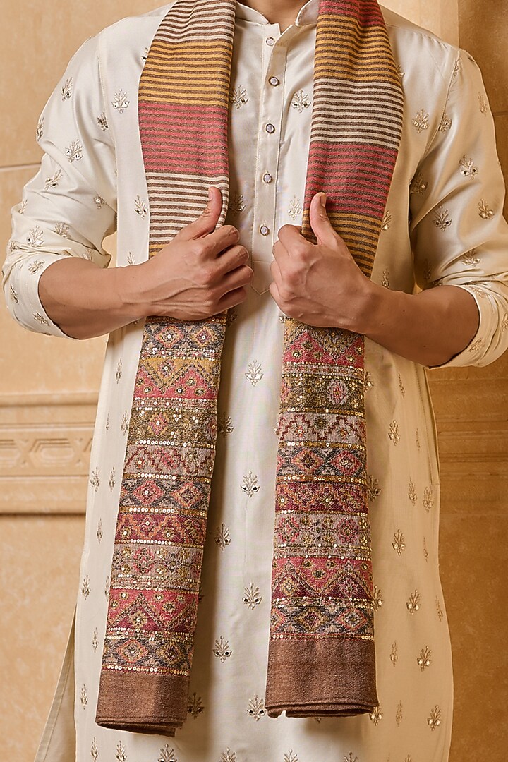 Brown Wool Multi-Colored Stripe & Sequins Embroidered Shawl by TASVA at Pernia's Pop Up Shop