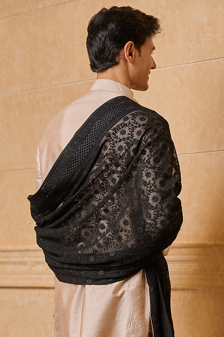 Black Georgette Resham & Floral Motif Embroidered Shawl by TASVA at Pernia's Pop Up Shop
