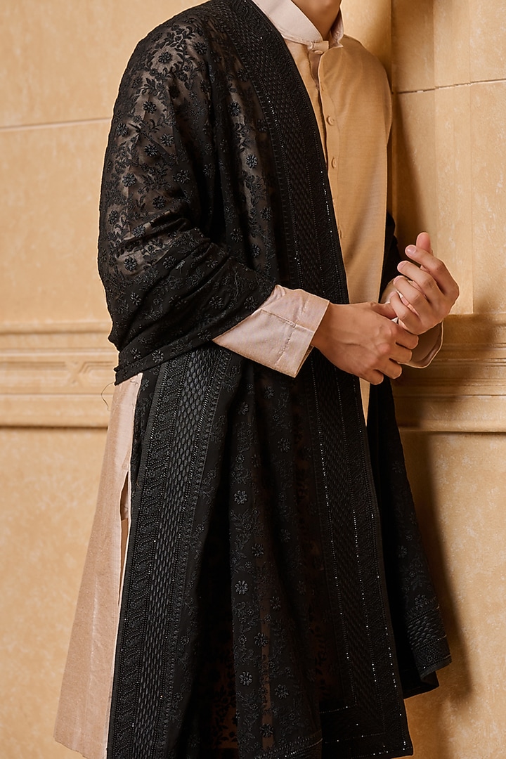 Black Georgette Resham & Floral Motif Embroidered Shawl by TASVA at Pernia's Pop Up Shop