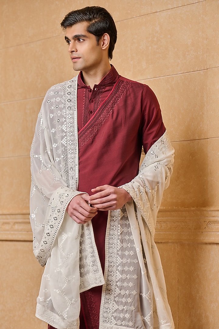 White Georgette Sequins Embroidered Shawl by TASVA at Pernia's Pop Up Shop
