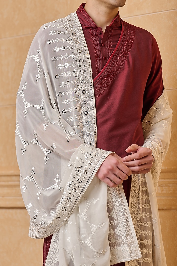 White Georgette Sequins Embroidered Shawl by TASVA at Pernia's Pop Up Shop