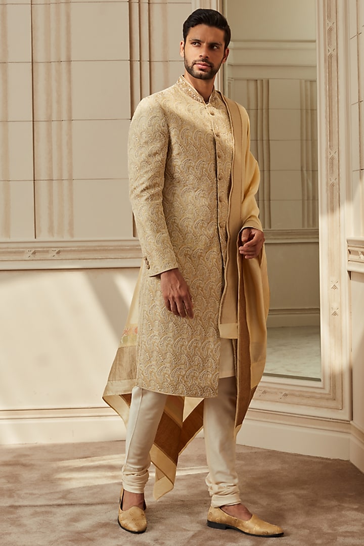 Ivory Brocade Embroidered Wedding Sherwani Set by TASVA at Pernia's Pop Up Shop