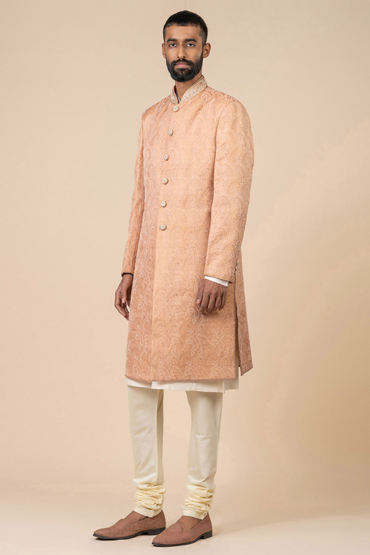Peach Brocade Embroidered Wedding Sherwani Set by TASVA at Pernia's Pop Up Shop