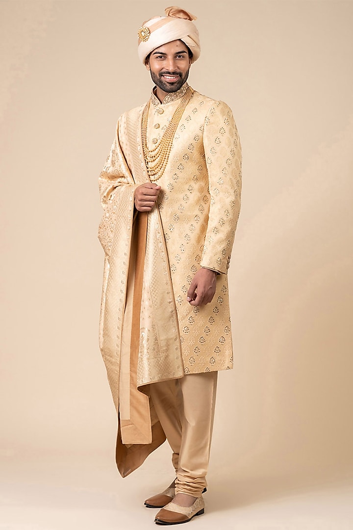 Gold Brocade Embroidered Sherwani Set by TASVA at Pernia's Pop Up Shop