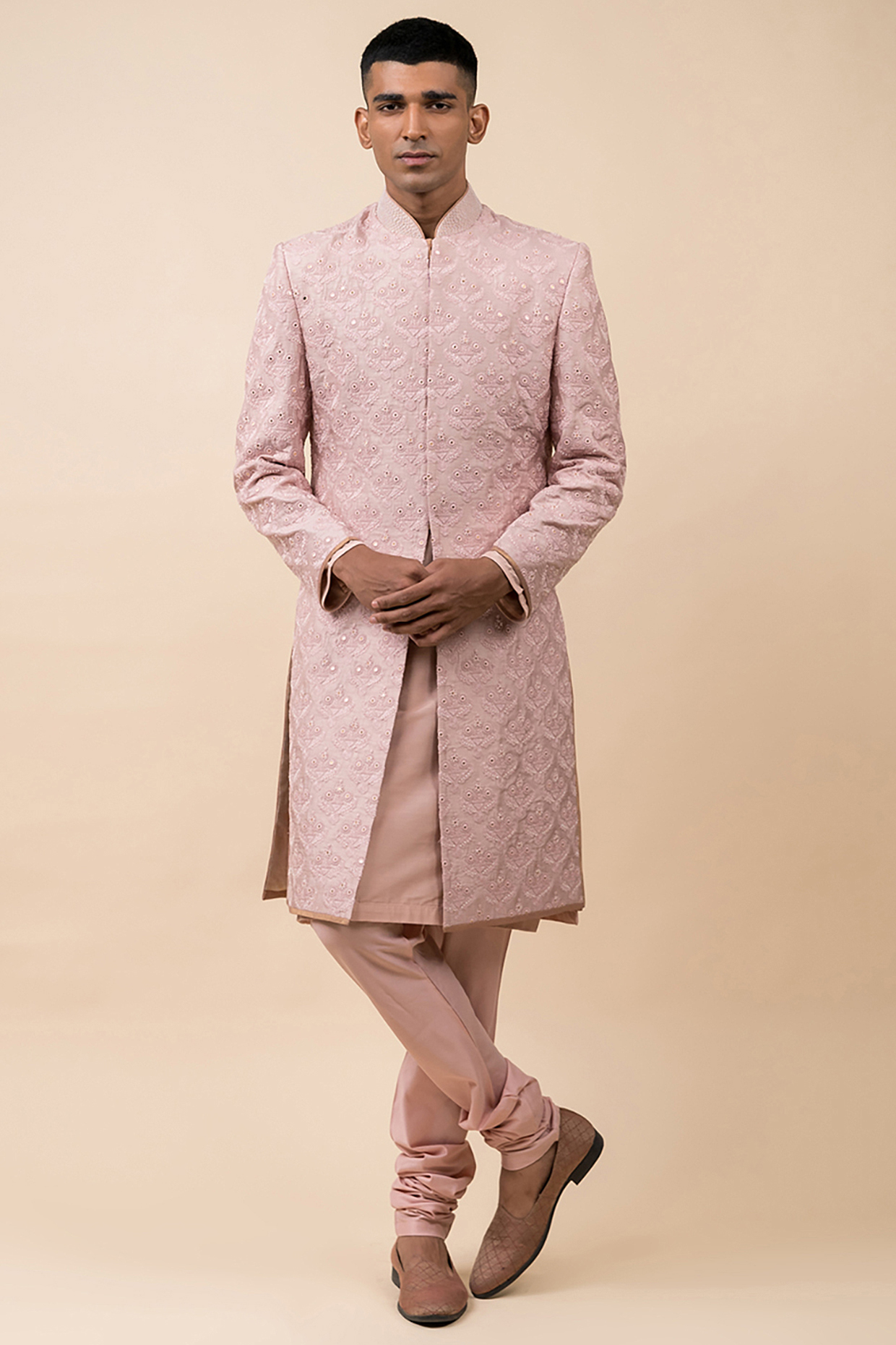 Pink Schiffli Embroidered Wedding Sherwani Set by TASVA at Pernia's Pop Up Shop