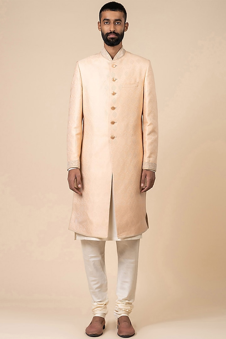 Peach Brocade Embroidered Sherwani Set by TASVA