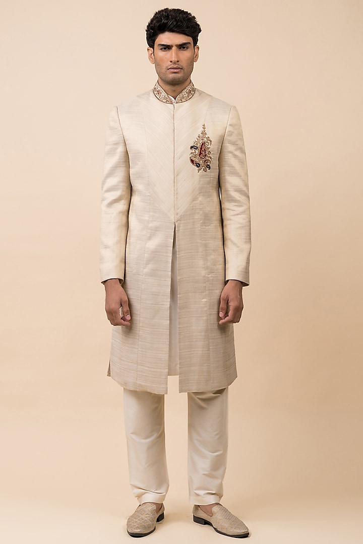 Gold Polyester Blend Embroidered Sherwani Set by TASVA